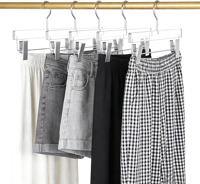 Besser Acrylic Pants Hanger 10 Pcs,Clear Acrylic Hangers with Bright Silver Clips，Lxurious Skirt Pants Hangers Clips for Clothing Closet Storage