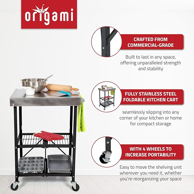 Origami Foldable Kitchen Island Cart, Rolling Storage Table Organizer with Wheels, Black