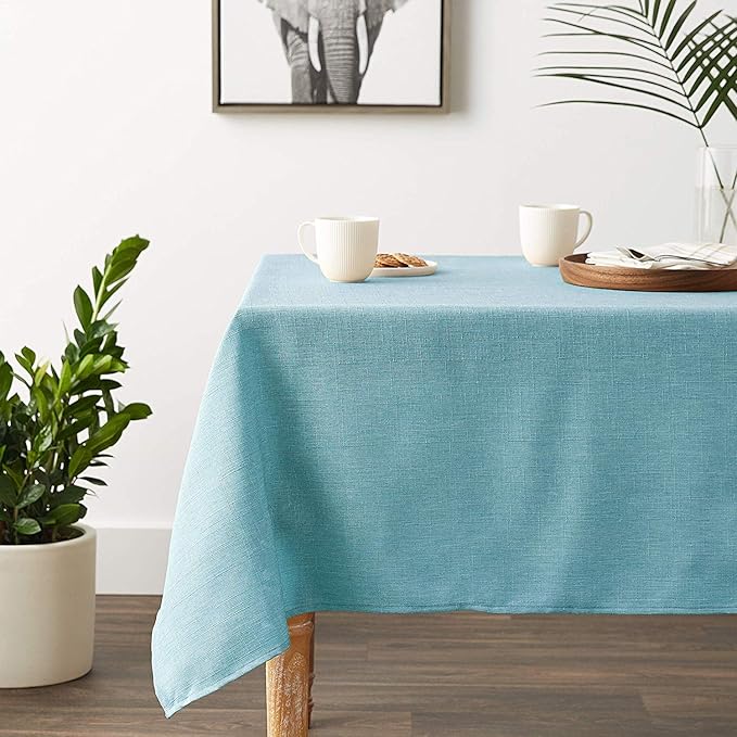 Violet Linen European Solid Faux Linen Pattern, Polyester, Water repellent, Spillproof, Wrinkle Free Anti-Shrink Soft Fabric, Blue, 68 Inch by 140 Inch, Seats 12 to 14 people, Rectangle Tablecloths