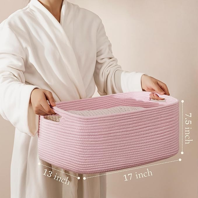 UBBCARE 2 Pack Storage Baskets for Shelves, Large Woven Storage Baskets, Dog Toy Bins, Baskets for Organizing Clothes, Towels, Books, Blanket, 17"L x 13"W x 7.5"H, Pink