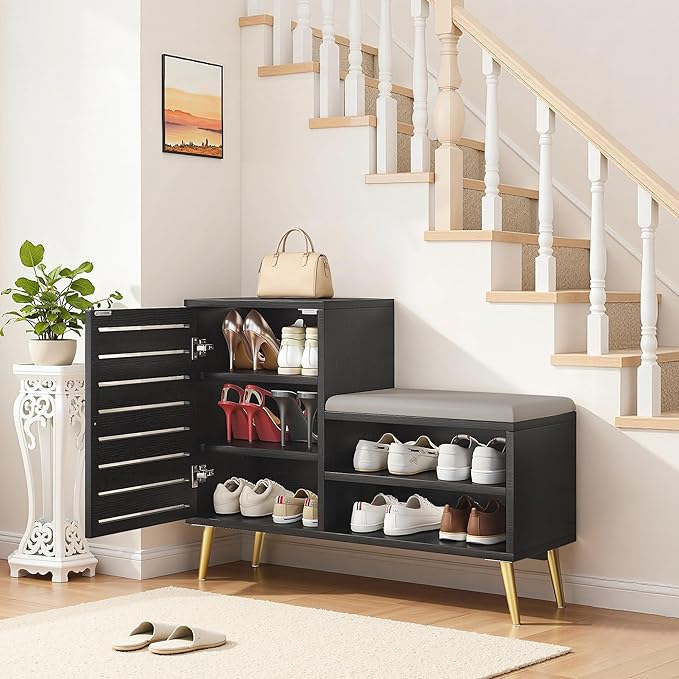 VECELO Shoe Storage Bench with Door&Shelf, Entryway Bench with Seat Cushion, for Hallway, Bedroom, Living Room, L-Shaped, Black