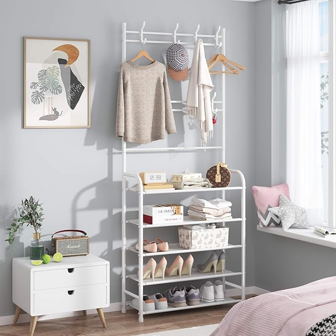 UDEAR Entryway Coat Rack - Large Space, 5-Tier Shoe Storage, Hanging & Storage, 15-20 Pairs, Multifunctional White Hanger