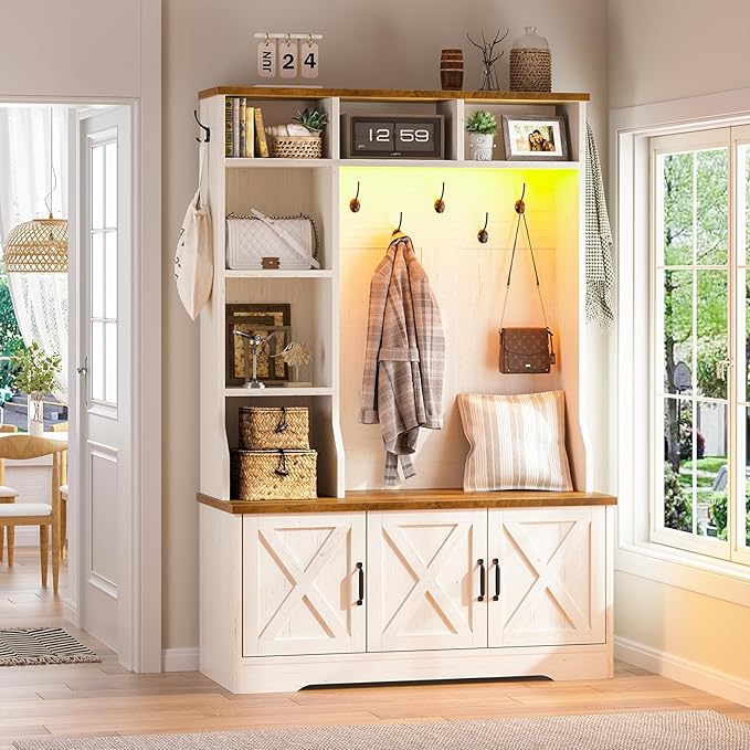 Hall Tree with Bench and Shoe Storage, Farmhouse Entryway Bench with Coat Racks and Led Lights, Tall Hall Tree with 7 Coat Hooks, 6 Storage Cubbies, Adjustable Shelf