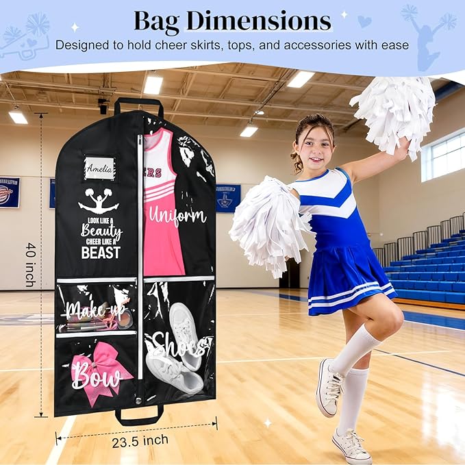 DEEKA Cheer Garment Bag for Hanging Clothes with Zipper Pockets Cheer Accessories Mom Essentials Uniform Costume 40 Inch Black Bags Stuff for Cheerleading Girls (Black,White-Cheer Quote)