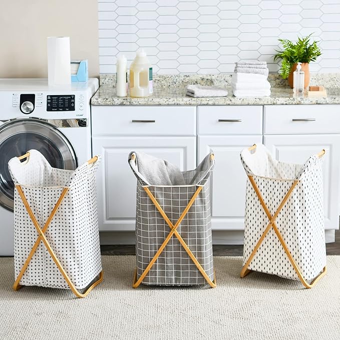 Household Essentials Bamboo X Frame Hamper with Grid Pattern, Gray