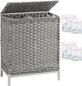 Laundry Hamper with Lid, 112 L Handwoven Rattan Wicker Laundry Basket, 2 Removable Liner Bags Metal Heightened Feet, 6 Mesh Bags, 2 Section Large Clothes Hamper for Bathroom Bedroom, Gray