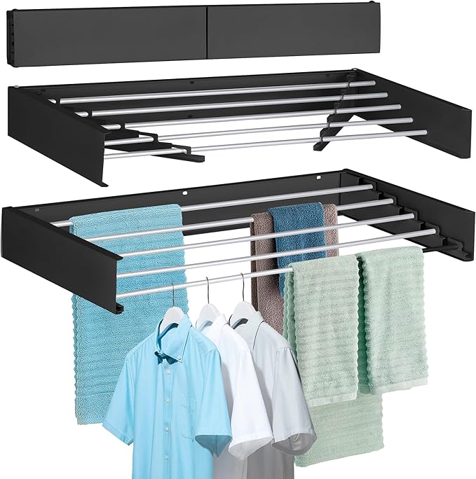FOCHIER F Laundry Drying Rack Wall Mounted Clothes Drying Rack Collapsible with 5 Aluminum Rods and Drilling Template Long Screwdriver Bit 60 lbs Capacity (Black, 40")