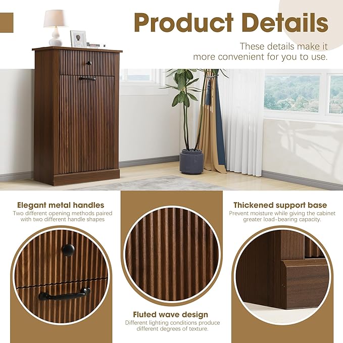 Grepatio Tilt Out Laundry Hamper, Fluted Laundry Hamper Cabinet, 11 Gallon Hidden Trash Can, Wooden Garbage Can Cabinet with Drawer, Free Standing for Bathroom, Kitchen (Brown, Single)