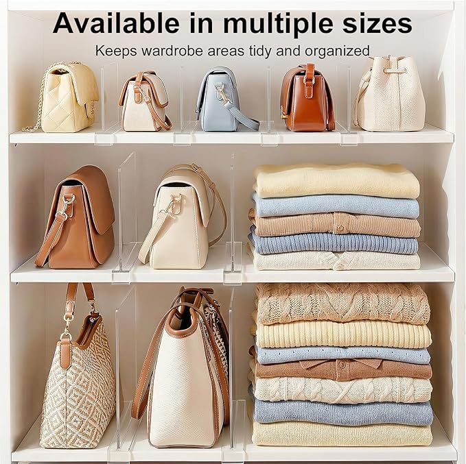 Purse Organizer for Closet Shelf Dividers: 6-inch Tall (Shorter Version) Adjustable Clear Acrylic Bag Storage Organizer for Handbags, Sweaters, Towels, Jeans and Shoes on Wood Shelves 4-Pack