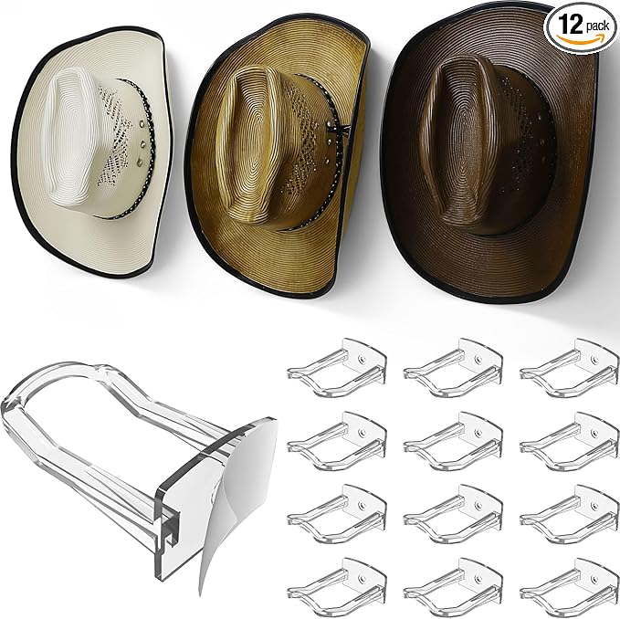 Modern JP Adhesive Cowboy Hat Hooks for Wall (12-Pack) – 3-Inch Wall Mount for Secure Hold, Wide Brim Hat Organizer, Western Room Decor – Clear