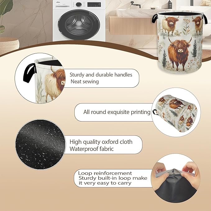 Laundry Hamper,Highland Cow Laundry Basket,Farmhouse Watercolor Flower Portable Collapsible Laundry Room Organization Storage for Dorm Room,Nursery,Bathroom,Bedroom,16x20 Inch