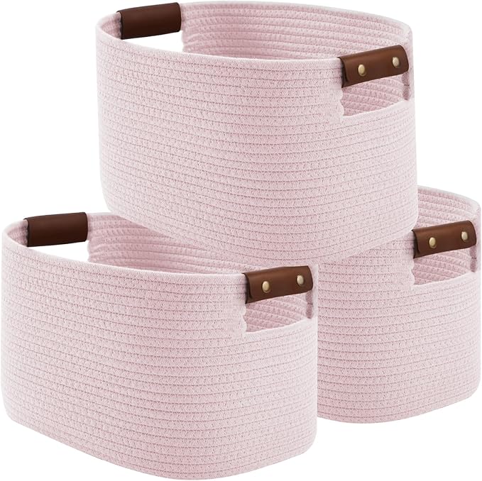Cotton Rope Basket, Storage Baskets with Handle, 15x10x9 Inch Woven Basket for Shelves, Laundry, Towels, Clothes, Books (Light/Pink 3Pack)