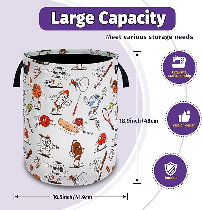 Cartoon Balls Laundry Basket Foldable Waterproof Oxford Cloth With Handle Portable Sports Theme Storage Basket Organizer Suitable For Laundry Room/Bedroom/Children'S Room (18.9 X 16.5 Inch)