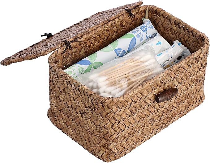 Handwoven Wicker Storage Basket Small Seagrass Box with Lid Multipurpose Table Organizer for Dental Floss Paper Clip Holder, 6.1" x 4" x 3.3"