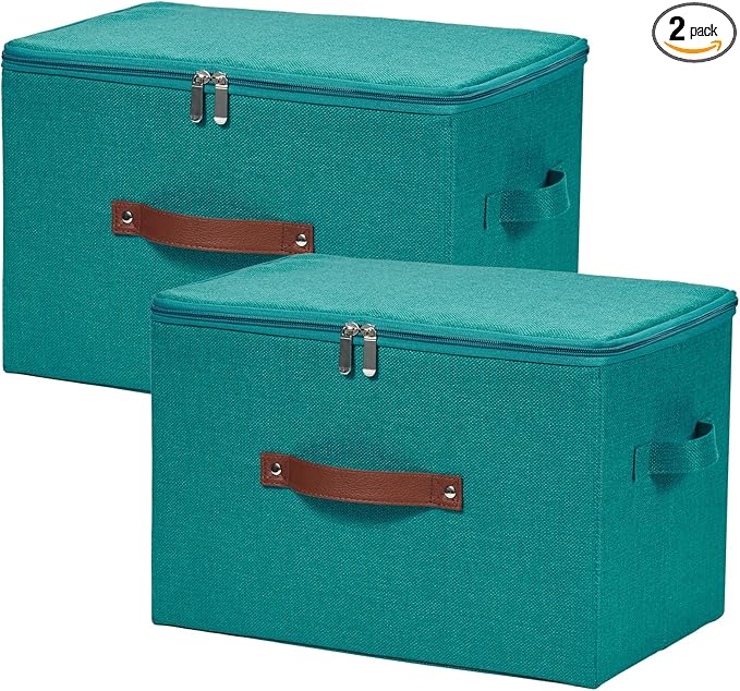 2 Pack Storage Bins with Zipper Lid Cotton Linen Fabric Lidded Storage Baskets Boxes Foldable Washable Closet Shelf Clothes Organizer Container with PU Leather Handles (Teal Blue, Large)