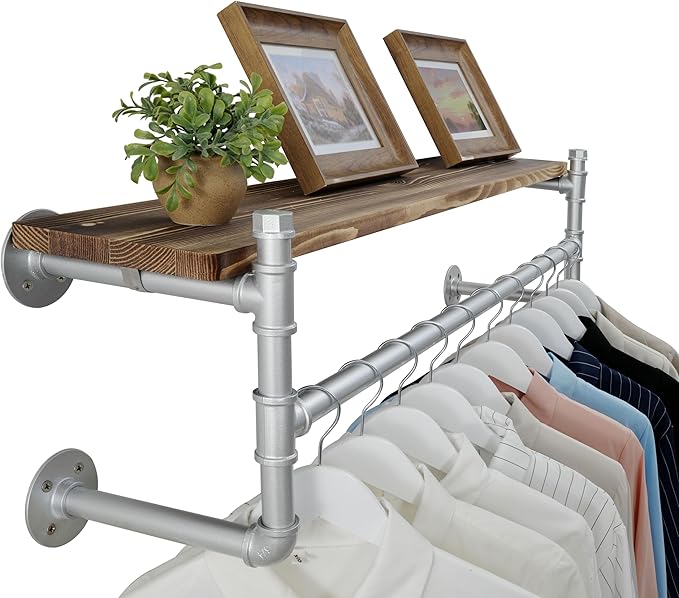 WEBI Wall Mounted Clothes Rack with Shelf,41.3" Industrial Pipe Clothing Rack with Shelf with Hanging Rod,Heavy Duty Iron Garment Rack Bar,Retail Display Clothes Rod for Laundry Room,Closet,Silver