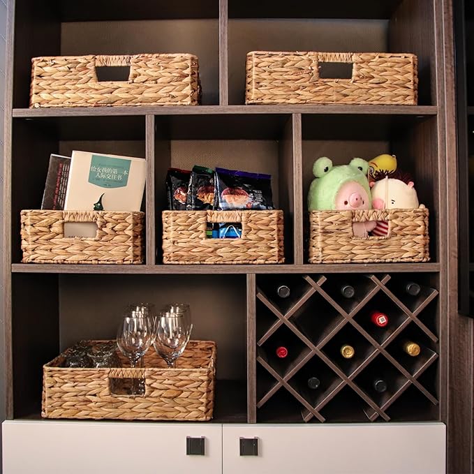 Rectangular Water Hyacinth Storage Baskets, Wicker Storage Baskets for Shelves, Square Shallow Basket, Woven Drawer Basket With Handle, 15.2” L x 12” W x 4.7” H