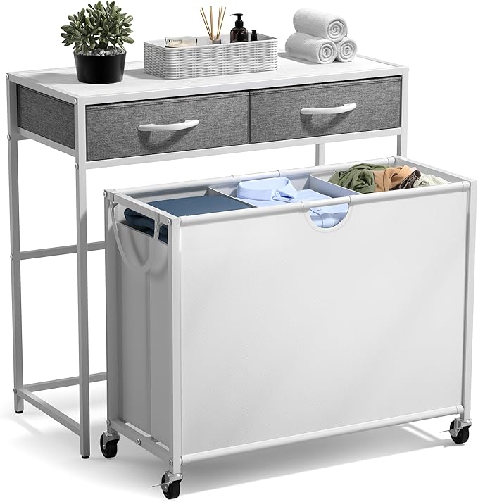 Sorbus 3 Section Laundry Hamper with Shelf and 2 Drawers for Laundry Room Organization, Laundry Basket with Wheels, Rolling Laundry Hamper, Laundry Sorter for Optimal Storage and Organization (White)