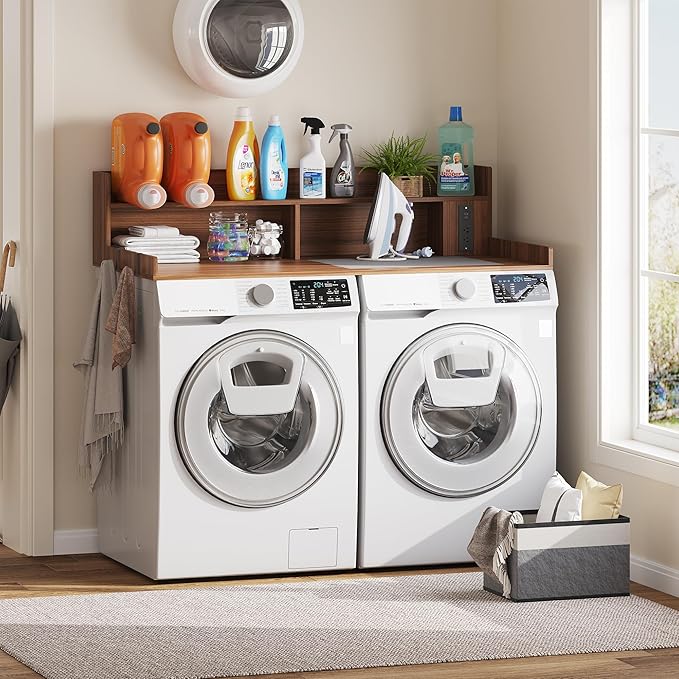 Upgraded 2-Tier Washer and Dryer Countertop with Power Outlet,54" W x 27.6" D Large Laundry Countertop for Fold Clothes, Laundry Topper with Non-Slip Pads & Metal Hooks and Storage Basket