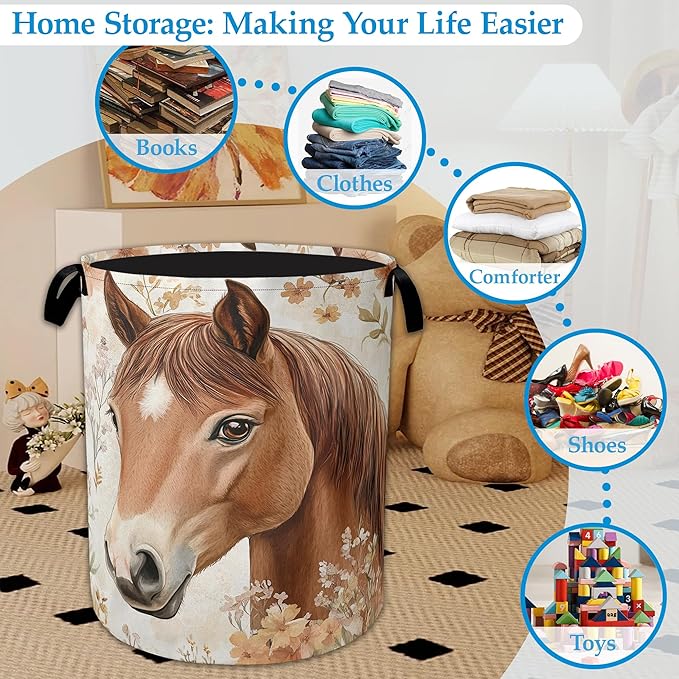 Horse Flowers Laundry Basket Collapsible Laundry Hamper Oxford Storage Bin for Clothes Storage, Toy Organizer, Books and Sundries 16" X 20.8"
