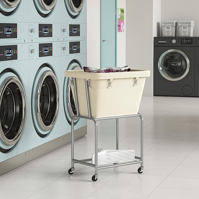 ELYKEN Rolling Laundry Hamper with Wheels, Laundry Cart with Removable Bag, Heavy Duty Metal Frame, 2-Tier Clothes Basket Hamper with Shelf for Closet, Bedroom, Bathroom, Laundry Room, Cream