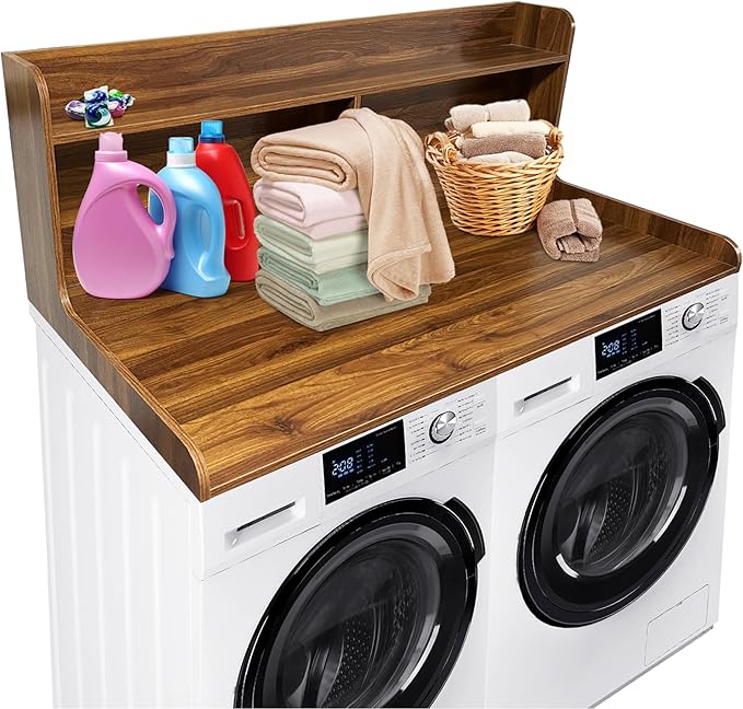2-Tier Washer Dryer Countertop, 54" W x 27.55" D Laundry Countertop Organization with Non-Slip Pad, Wooden Washer and Dryer Topper for Folding Clothes, Laundry Room Storage