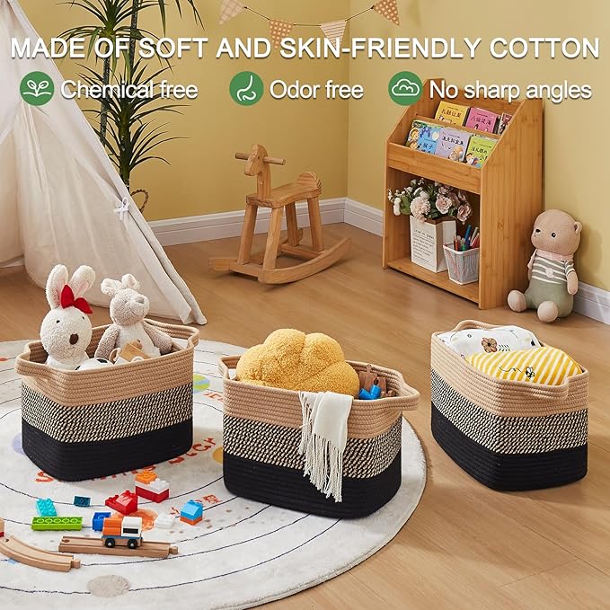 OIAHOMY Woven Storage Basket for Shelves, Rectangle Cotton Rope Baskets for Organizing, 13 x 10 x 9 in, Storage Bins for Dog Toys,Towel,Books,Gift,Gradient Black Brown
