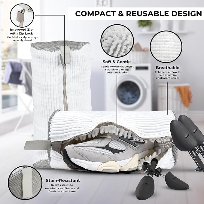Shoe Washing Machine Bag, Laundry Footwear Bag for Washer and Dryer, Reusable 2pc Cleaning Bags for Sneakers & Tennis Shoes, 360° Deep Clean for All Types with Self-Locking Invisible Zipper