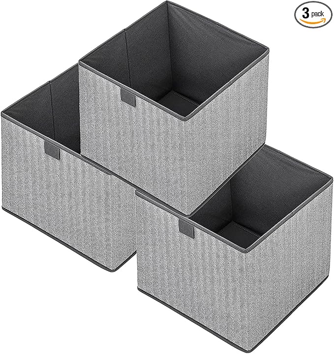 Storage Baskets, 11.8-Inch Woven Fabric Bins, Storage Cubes with Reinforced Handles, Organizer Bins for Closet Shelves, Foldable, for Toys, Clothes (3PCS/Grey-11.8*11.8*11.8inch)