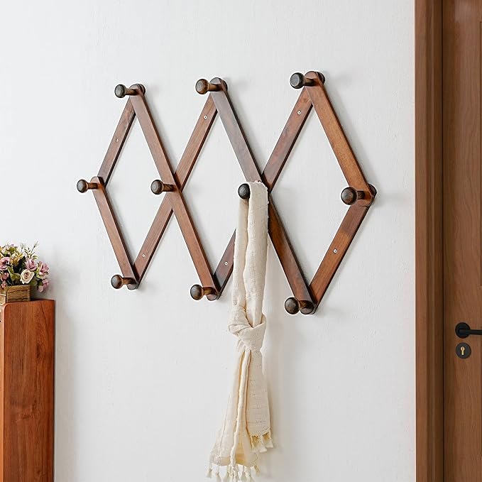 Dseap Expandable Coat Rack (Larger Version) - 24” High, Anti-Slip, Ultra Heavy Duty Wooden Accordian Wall Hanger with 10 Study Peg Hooks for Clothing Hats Jackets Bags, Brown