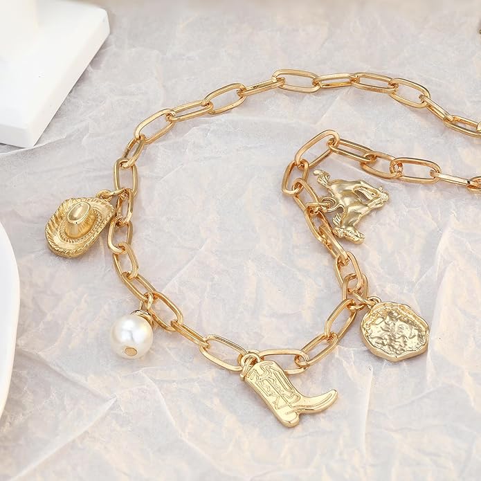 Chunky Gold Necklace for Women Gold Evil Eye Cowboy Pendant Necklace Dainty Paperclip Chain Vintage Luck Amulet Choker Necklaces Celestial Jewelry Gift