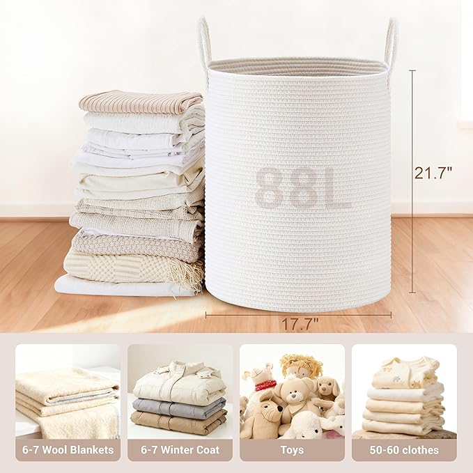Tall Laundry Basket with Handles, 88L Portable Dirty Clothes Hamper, Boho Cotton Rope Storage Bin for Blankets Kids Toys Gifts, Large Organizer for Baby Nursery Bedroom Bathroom, White