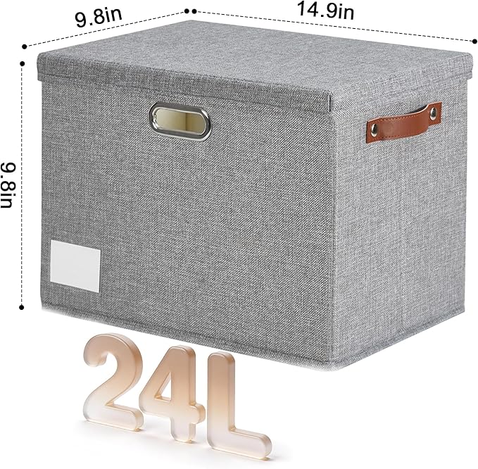 15" Large Collapsible Storage Bins with Lids, Stackable Closet Organizers with PU Handle and Labels, 3-Pack Decorative Fabric Storage Boxes for Home, Bedroom, Closet, Office, Nursery(Gray)