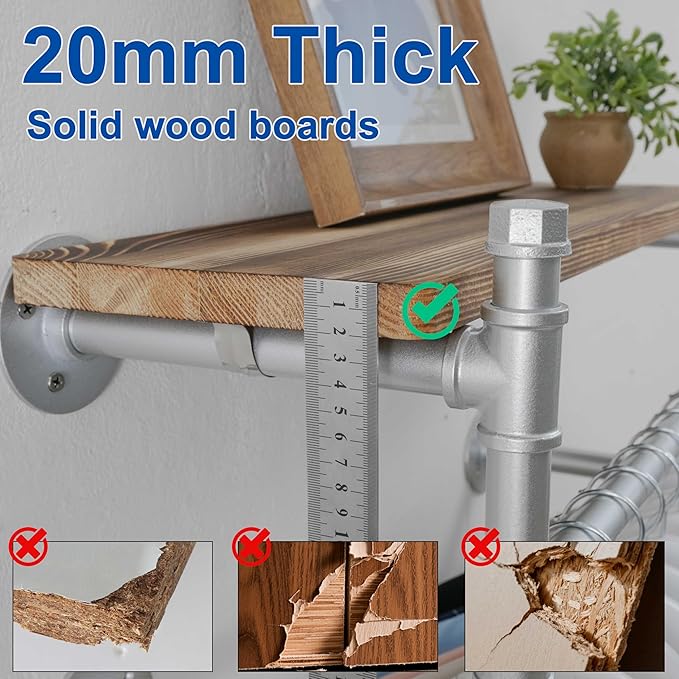 WEBI Wall Mounted Clothes Rack with Shelf,24" Industrial Pipe Clothing Rack with Shelf with Hanging Rod,Heavy Duty Iron Garment Rack Bar,Retail Display Clothes Rod for Laundry Room,Closet,Silver