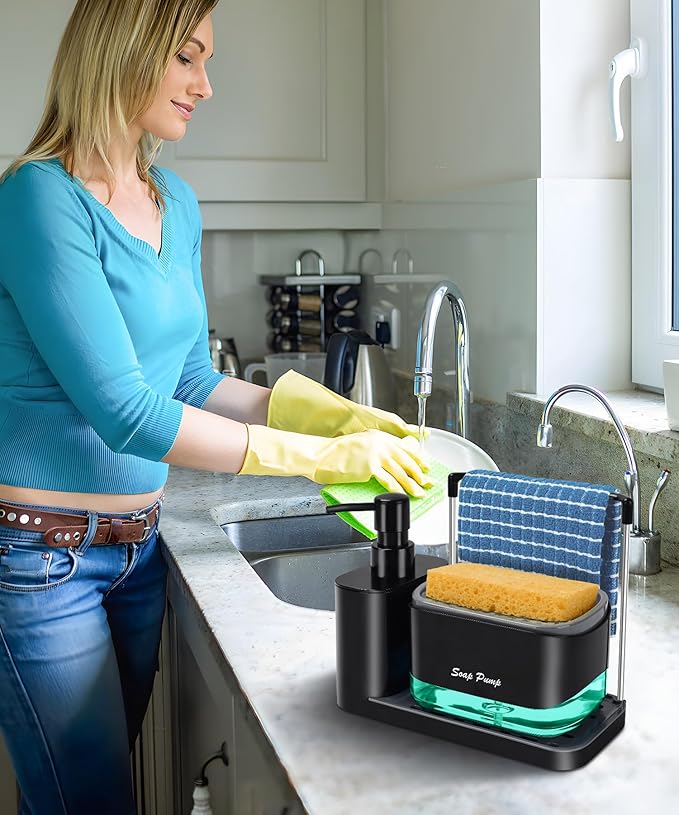 Kitchen Soap Dispenser Set with Tray and Sponge Holder, Dish and Hand Soap Dispenser with Dishcloth Holder 5-in-1 Kitchen Sink Countertop Storage Organizer, Practical Kitchen Gadgets - Black