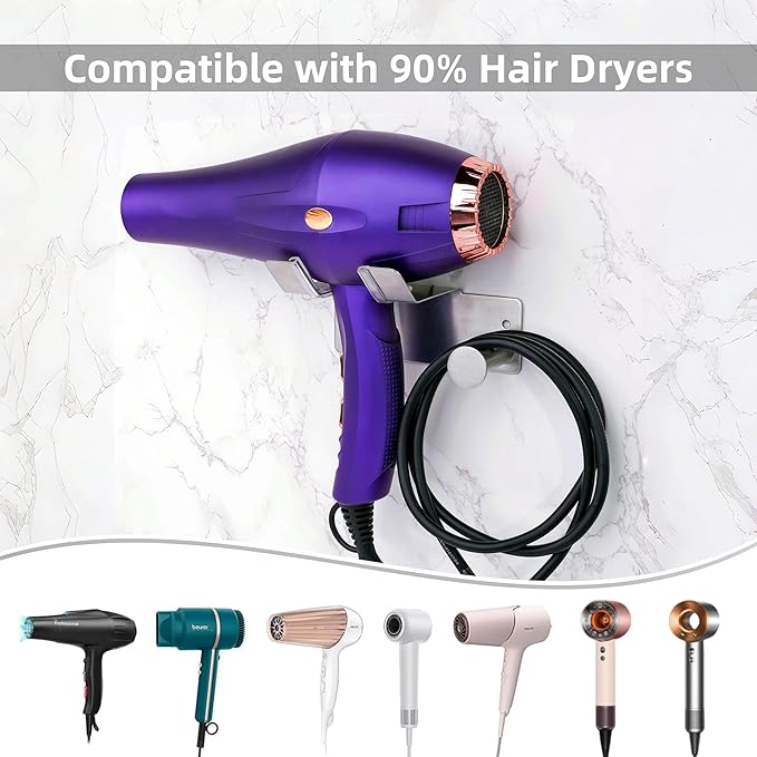 Hair Dryer Holder, Dyson Hair Dryer Holder, Blow Dryer Holder with Cord Hook SUS304 Stainless Steel Wall Mount, Self Adhesive/Screw Space Saving Hairdryer Holder for Bathroom Silver