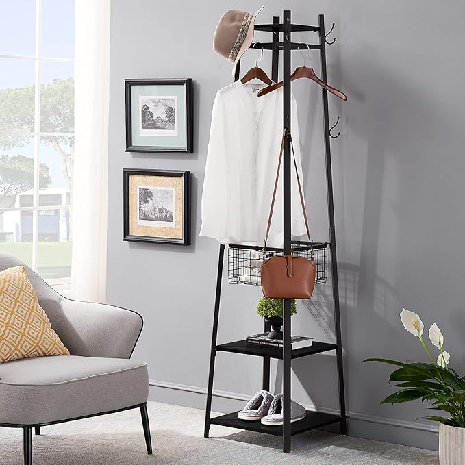 VECELO Coat Rack Freestanding,Hall Tree with Metal Basket and Storage Shelves,Industrial Coat Rack Stand with 8 Hooks for Hanging Coats/Hats/Bags/Umbrellas,18 x 18 x 72 In,Matte Black