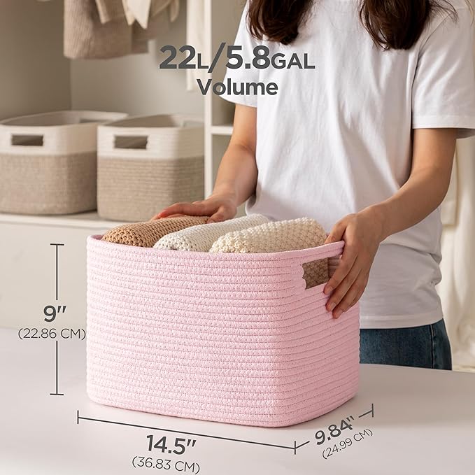 UBBCARE 2 Pack Storage Baskets for Organizing, Shelf Baskets with Handles, Woven Storage Baskets for Bookcase/Cube Shelf/Closet, 14.5"L x 9.8"W x 9"H, Pink