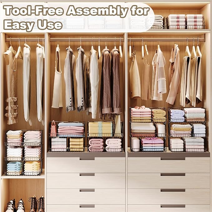 3-Tier Stackable Closet Organizers and Storage, Metal Wire Closet Shelves, Space-Saving Closet Organizer with Adjustable Dividers for Bedroom, Cabinet & Laundry Room