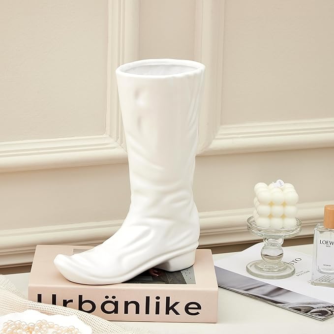 Denique White Ceramic Cowboy Boot Vase, Unique Boot Shaped Flower Vase for Home Decor, Modern Farmhouse Decorative Vase for Living Room, Bedroom, Office, Table Centerpiece, Gift for Women