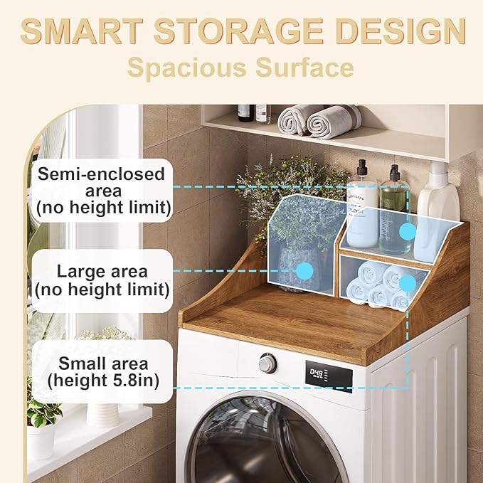 27'' Washer Dryer Countertop with Shelf, 2-Tier Laundry Countertop for Single Wood Washer and Dryer Topper for Laundry Room Organization, Brown