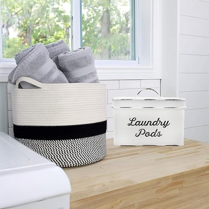AuldHome Design Enamelware Laundry Pod Holder; Rustic White Laundry Pod Storage Container