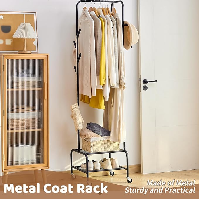 FILWH Rolling Coat Rack with Storage Shelf Freestanding Coat Rack Hall Tree with 6 Hooks for Entryway, Bedroom Metal Clothes Hanger Stand for Hats, Jackets, Bags,Shoes (Black, Double-layer)