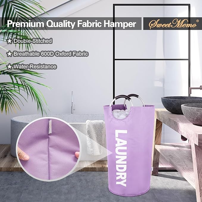 Laundry Basket Large Collapsible Clothes Hamper Bag with Handles – Foldable Freestanding Laundry Sorter for Dirty Clothes in College Dorm, Apartment, or Laundry Room – 95L (Purple)