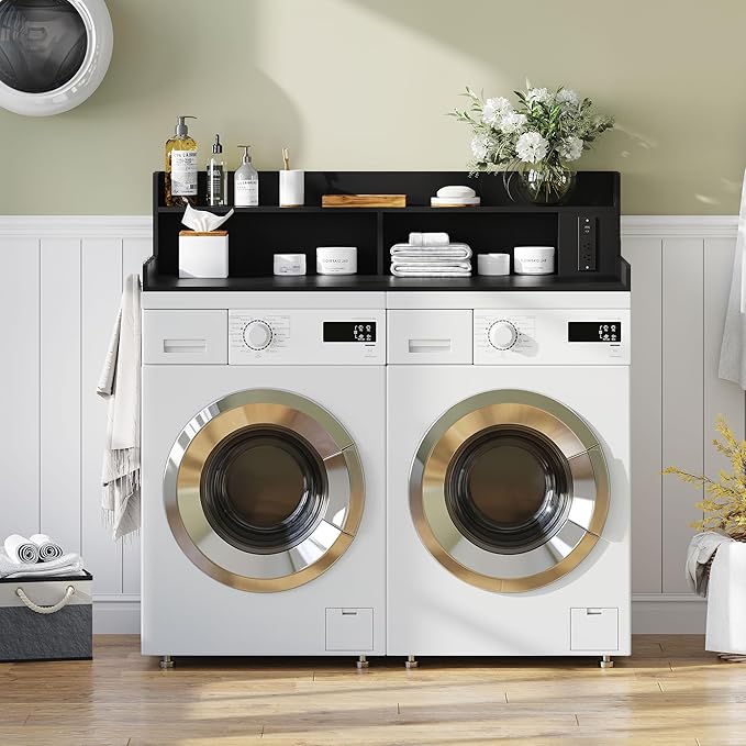Upgraded 2-Tier Washer and Dryer Countertop with Power Outlet,54" W x 27.6" D Large Laundry Countertop for Fold Clothes, Laundry Topper with Non-Slip Pads & Metal Hooks and Storage Basket