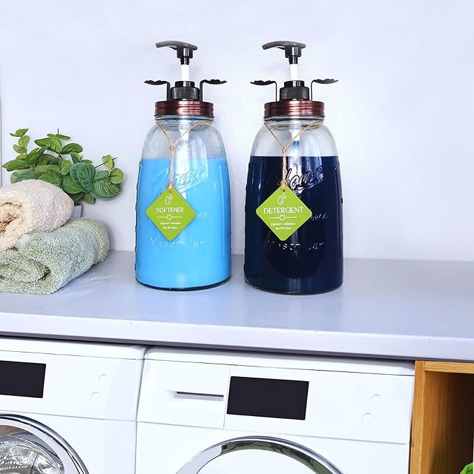 Glass Laundry Detergent Container - Besuerte Large Capacity Liquid Laundry Detergent Dispenser with Refillable & Reusable 2x50oz Mason Jars and Save Effort Pump Aid Handle, Bronze Cap