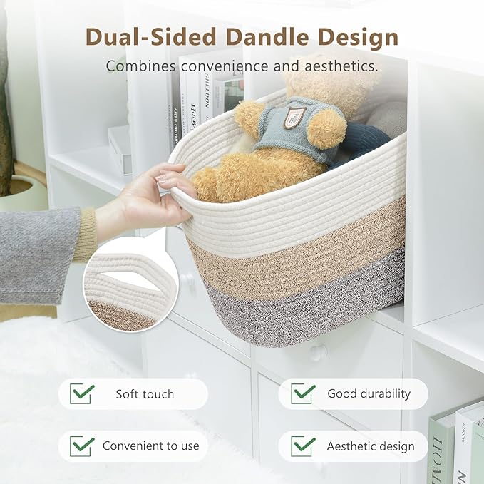Cotton Rope Storage Basket, 15x10x9 Inches, Woven Basket for Shelves, Clothes, Towels, Books, and Laundry, White Brown (2 Pack)