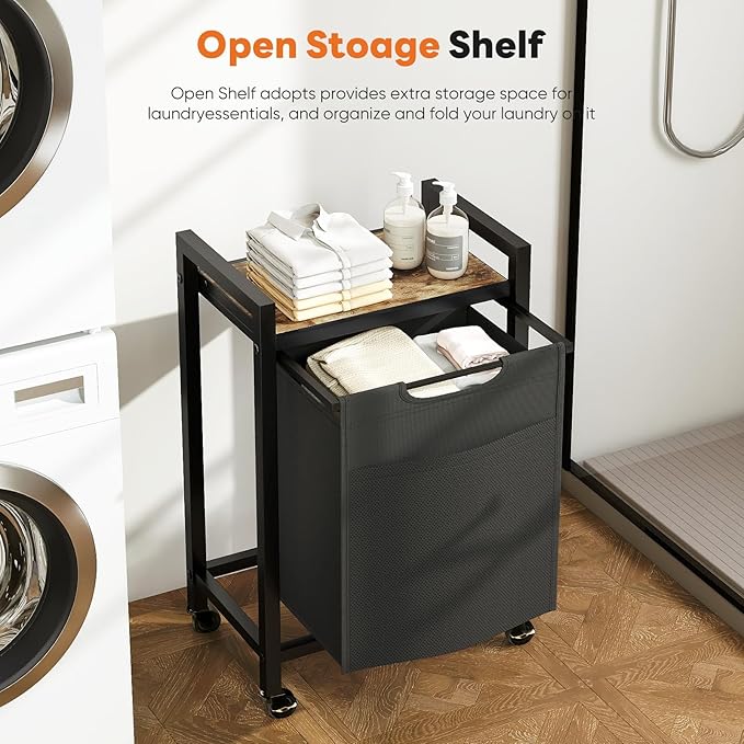 NEWBULIG Rolling Laundry Hamper with Removable Pull-Out Bag, Freestanding Clothes Basket Organizer with Wheels for Bathroom & Bedroom, 1 × 17.2 Gal (65L) - Rustic Brown & Black