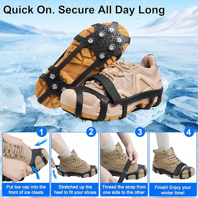 Ice Snow Cleats for Shoes and Boots 9 Studs Crampons Shoe Spikes for Snow and Ice Non-Slip Ice Shoes Grippers with Adjustable Straps Overshoe for Women Men Kids Hiking Walking Ice Fishing