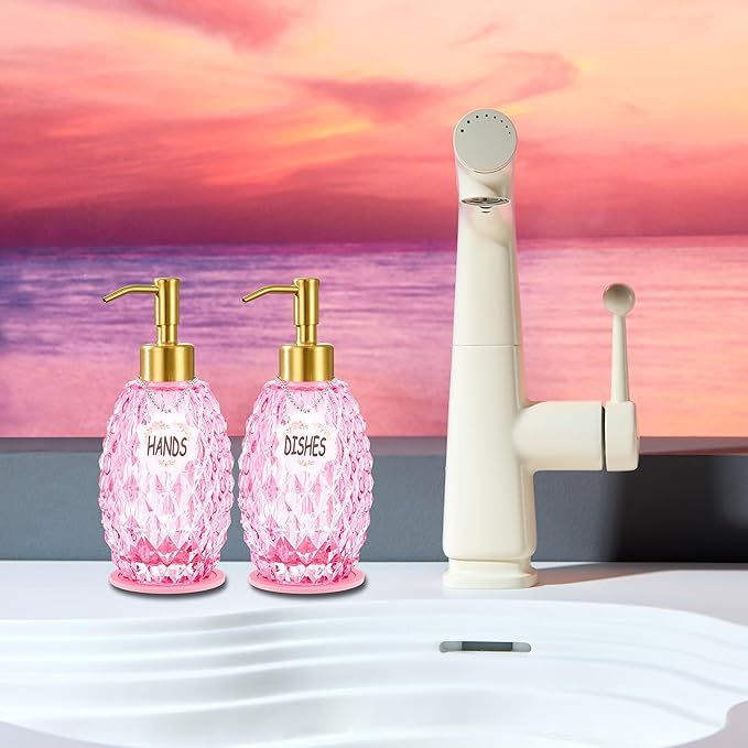 MALACHI Soap Dispenser Set, Crystal-Textured Diamond Glass with Rustproof Stainless Steel Pump, Dual-Labelled Hand & Dish Soap Dispenser for Kitchen & Bathroom